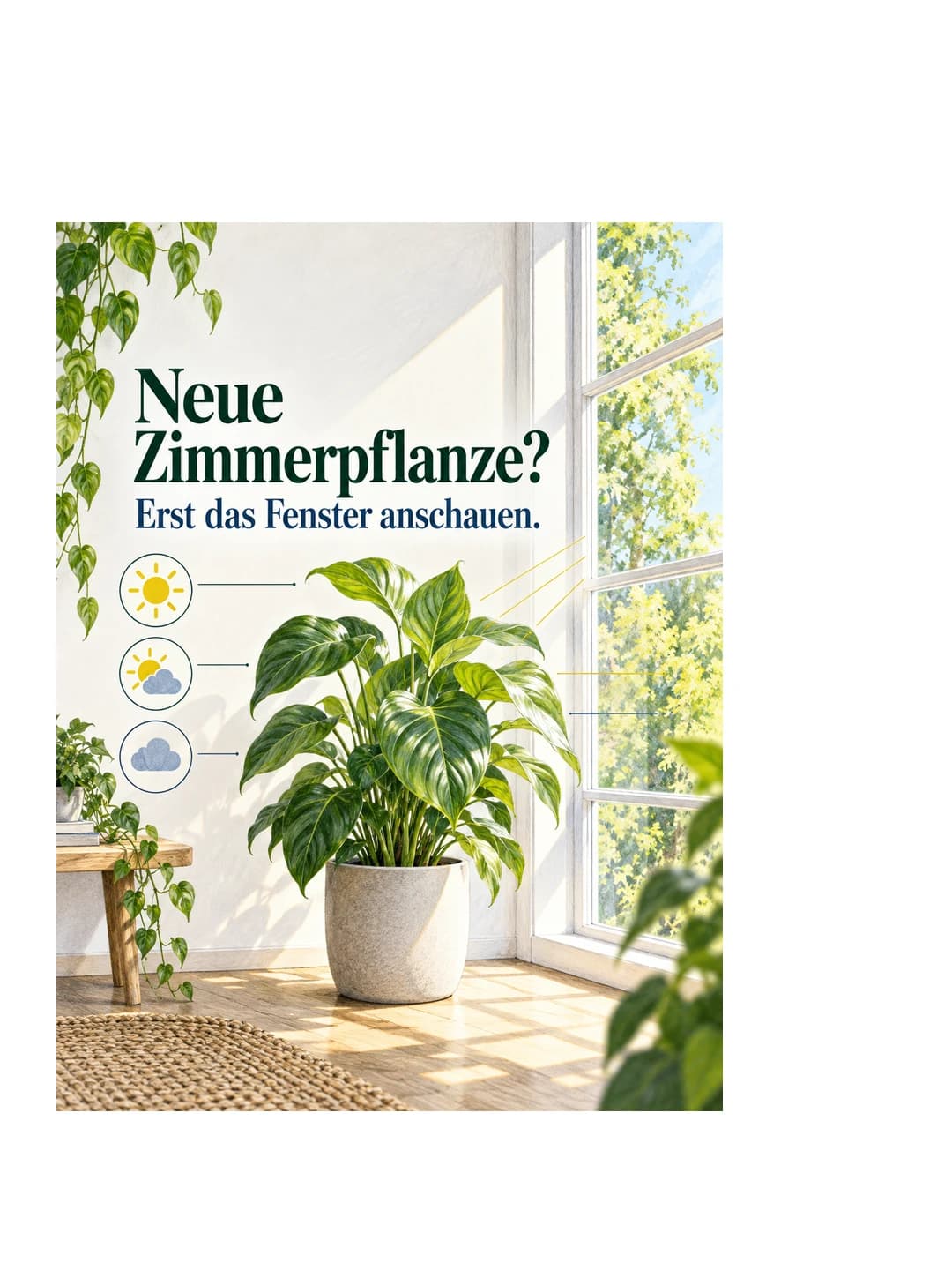 Gartencenter: Neue Zimmerpflanze? Erst das Fenster anschauen. · Folie 1/2