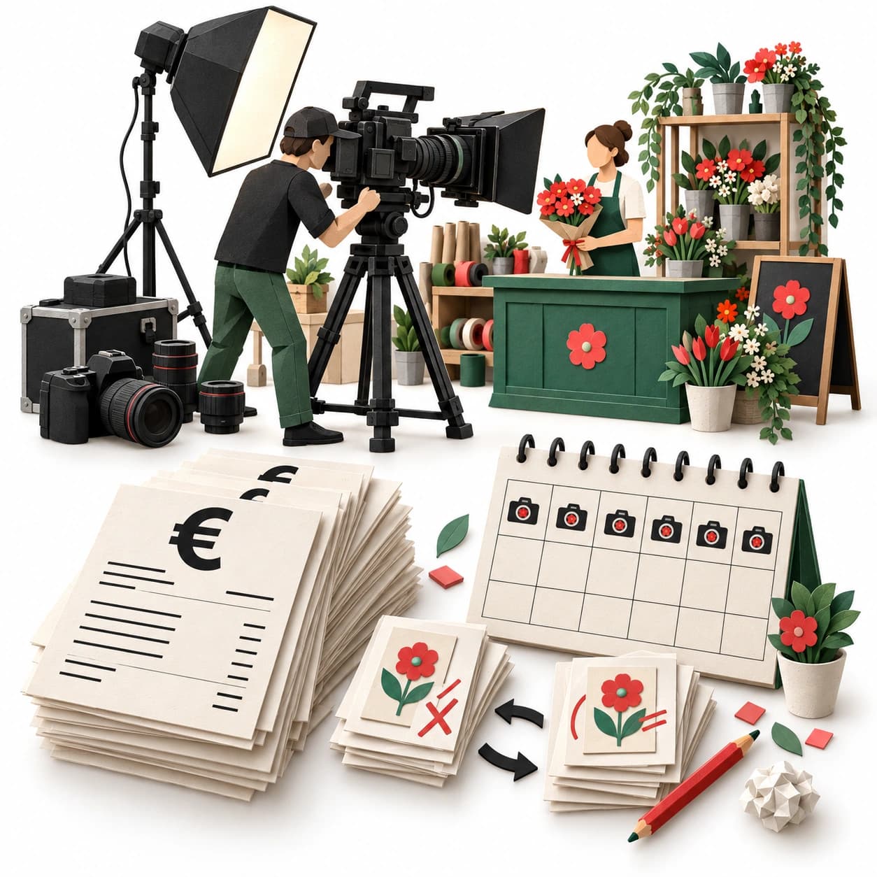 Papierillustration: Foto- und Videoproduktion vor Ort mit Kamera, Licht und wiederkehrenden Rechnungen.