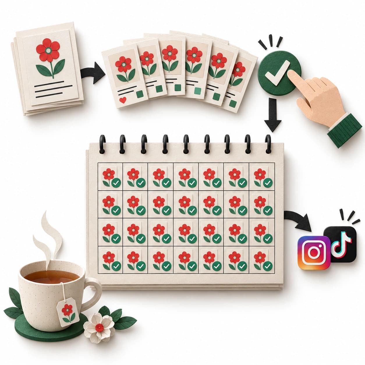Papierillustration: KI erstellt einen Stapel Beiträge, eine kurze Freigabe führt zum gefüllten Monatskalender. Daneben steht ein Tee.