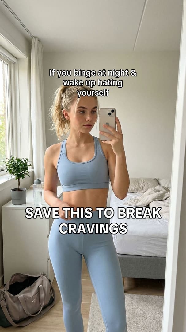 UGC-style fitness carousel generated by AttentionClaw: a creator’s mirror selfie titled “Save this to break cravings” — slide 1 of 3