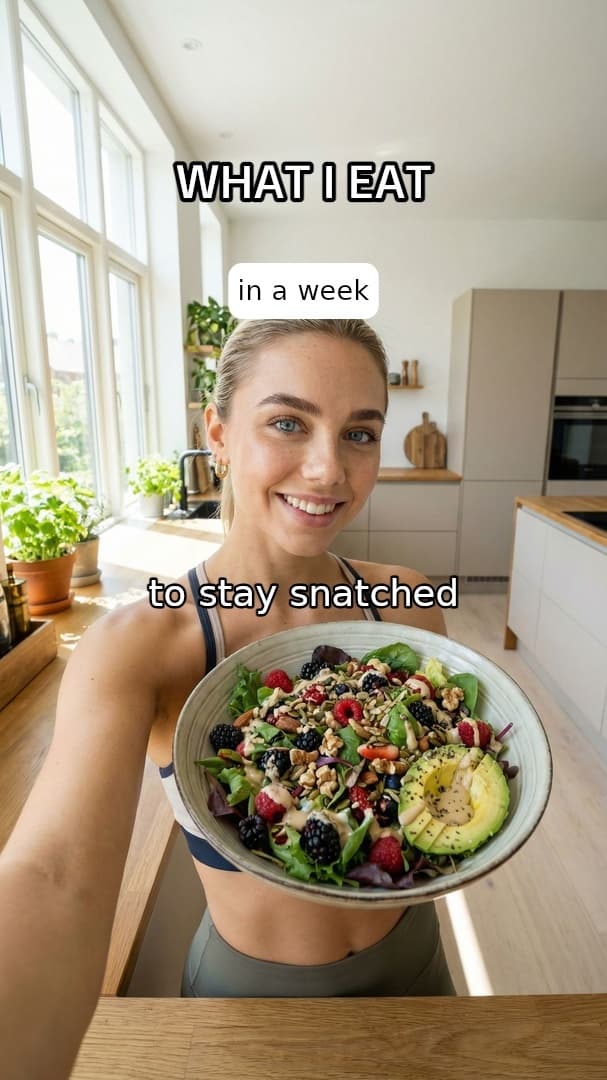 UGC-style “What I eat in a week” wellness carousel generated by AttentionClaw, with a creator holding a salad bowl — slide 1 of 5