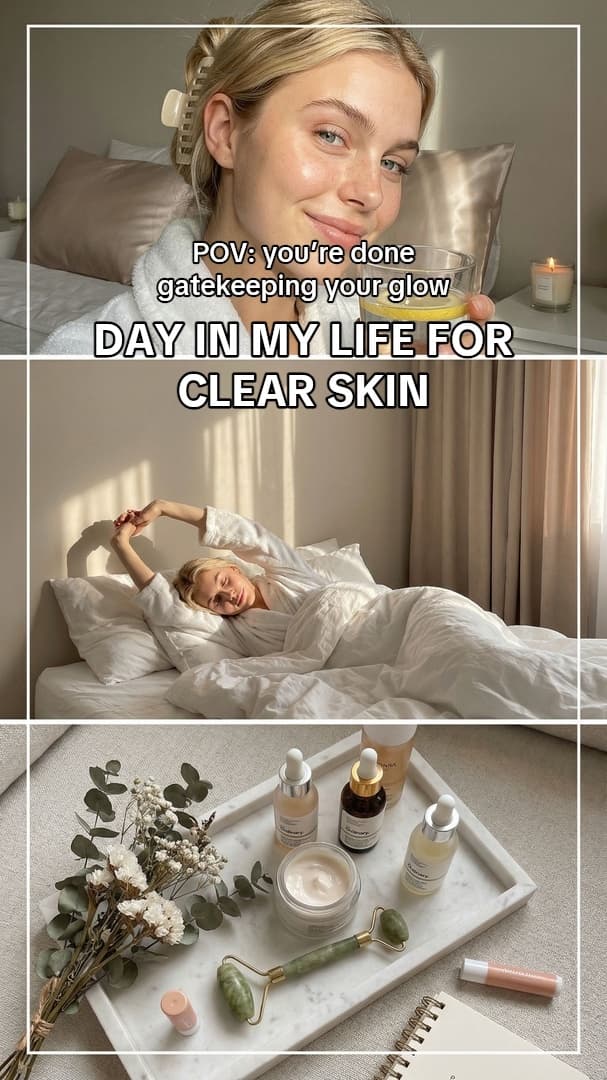 Photo-collage skincare carousel generated by AttentionClaw titled “Day in my life for clear skin” — slide 1 of 3