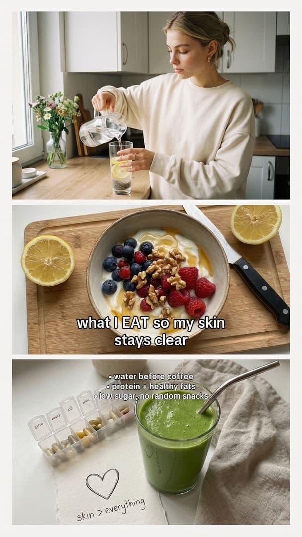 Photo-collage skincare carousel generated by AttentionClaw titled “Day in my life for clear skin” — slide 2 of 3