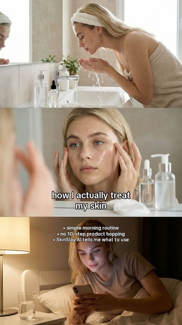 Photo-collage skincare carousel generated by AttentionClaw titled “Day in my life for clear skin” — slide 3 of 3