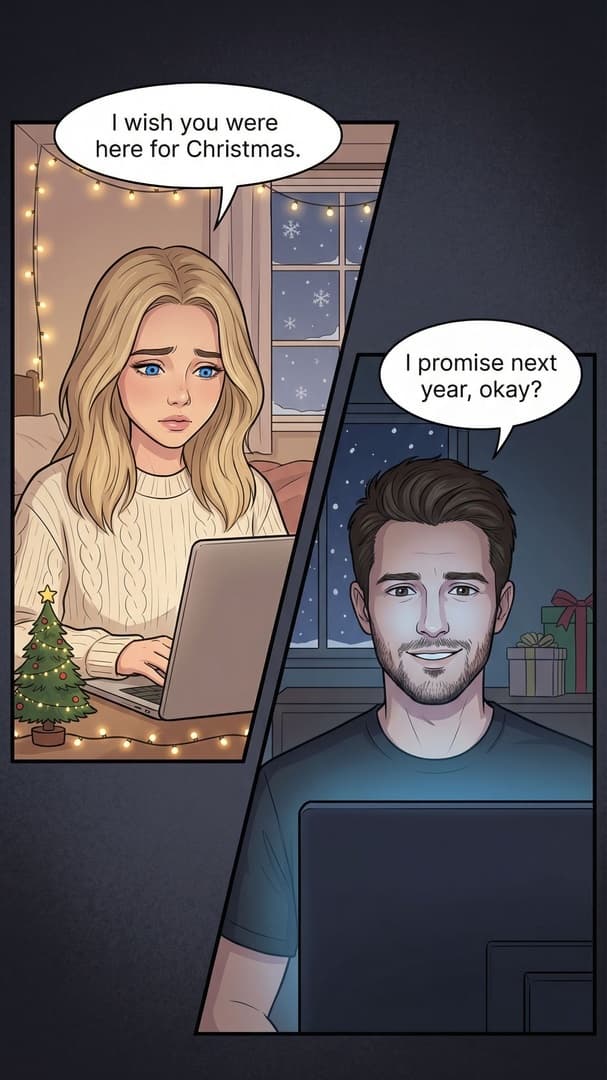 Cartoon-style slideshow generated by AttentionClaw: an illustrated long-distance couple on a video call — slide 1 of 6