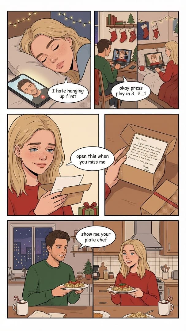 Cartoon-style slideshow generated by AttentionClaw: an illustrated long-distance couple on a video call — slide 2 of 6