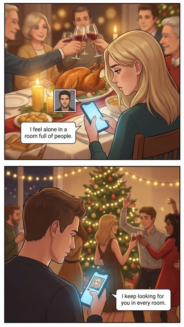 Cartoon-style slideshow generated by AttentionClaw: an illustrated long-distance couple on a video call — slide 3 of 6