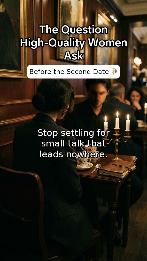 Dark academia slideshow generated by AttentionClaw: a moody candlelit café scene with elegant dating-advice typography — slide 1 of 5